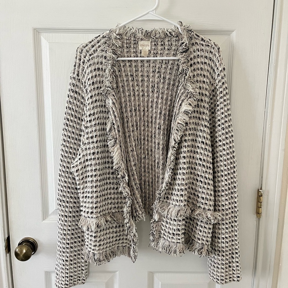 Chicos Fringed Cardigan - Black and White